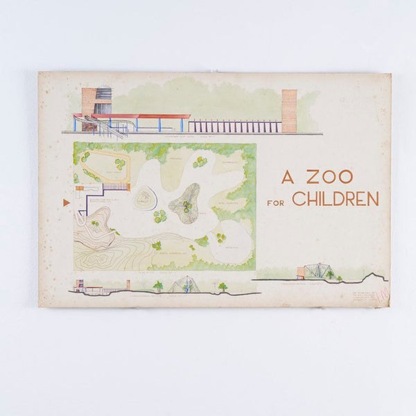 Mid century modern design architectural drawing on mat board from Rice University circa 1950