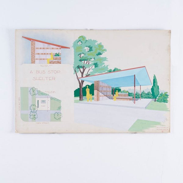 Mid century modern design architectural drawing on mat board from Rice University circa 1950