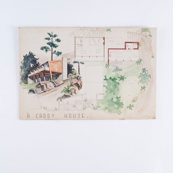 Mid century modern design architectural drawing on mat board from Rice University circa 1950