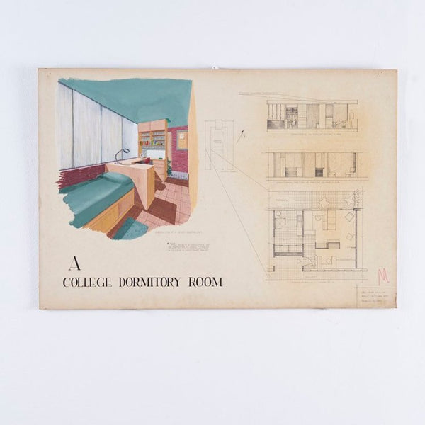 Mid century modern design architectural drawing on mat board from Rice University circa 1950