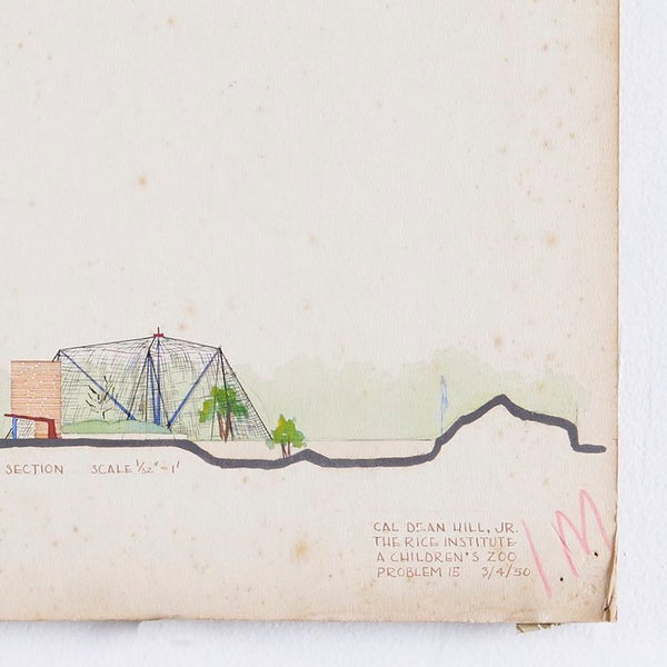 Mid century modern design architectural drawing on mat board from Rice University circa 1950