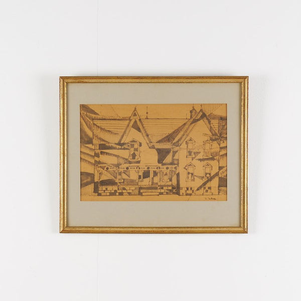 Midcentury abstract architectural watercolor painting on paper by Houston, Texas artist and Cranbrook artist Stella Sullivan