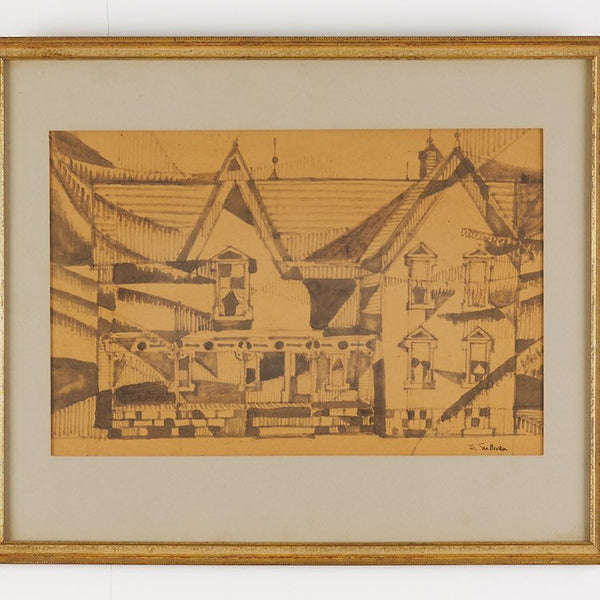 Midcentury abstract architectural watercolor painting on paper by Houston, Texas artist and Cranbrook artist Stella Sullivan