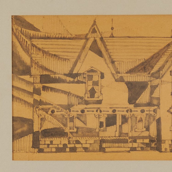 Midcentury abstract architectural watercolor painting on paper by Houston, Texas artist and Cranbrook artist Stella Sullivan