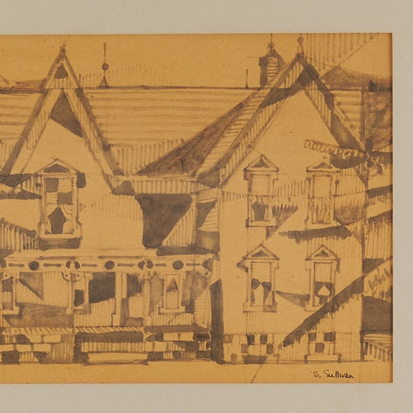 Midcentury abstract architectural watercolor painting on paper by Houston, Texas artist and Cranbrook artist Stella Sullivan