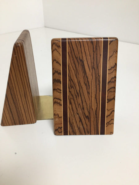 Pair of mid century inlaid exotic wood bookends