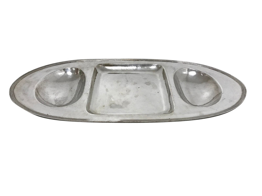 Porter Blanchard silver plated, hand hammered serving tray with ball feet