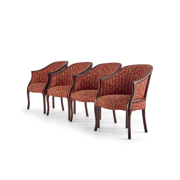 Set of four wood and upholstered transitional design lounge chairs by Kittinger Furniture Company