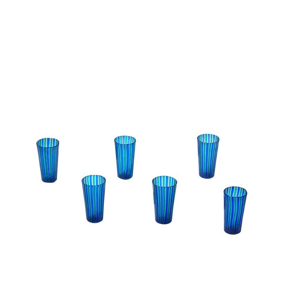 Set of 6 mid century glass tumblers with blue and green stripe in the style of Gio Ponti for Venini
