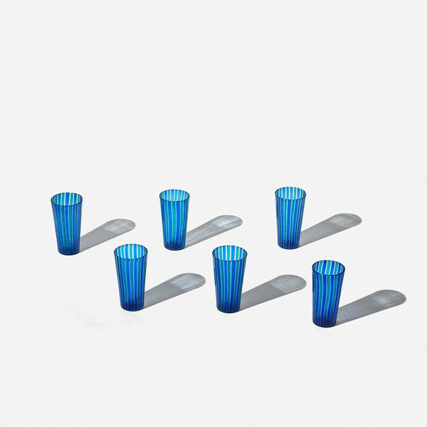 Set of 6 mid century glass tumblers with blue and green stripe in the style of Gio Ponti for Venini