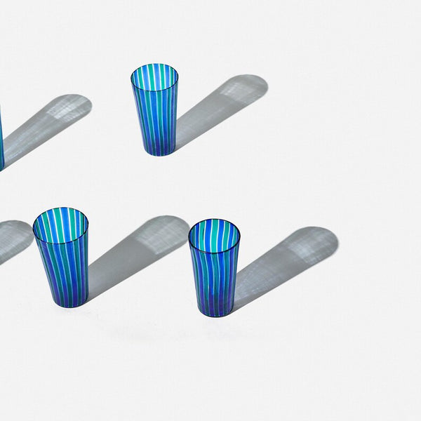 Set of 6 mid century glass tumblers with blue and green stripe in the style of Gio Ponti for Venini