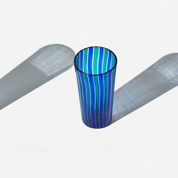 Set of 6 mid century glass tumblers with blue and green stripe in the style of Gio Ponti for Venini