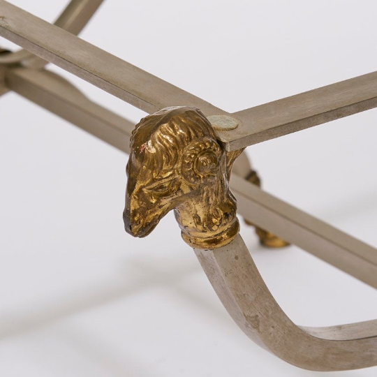 Vintage brass, steel, and glass X-form side table in the style of Maison Jansen
