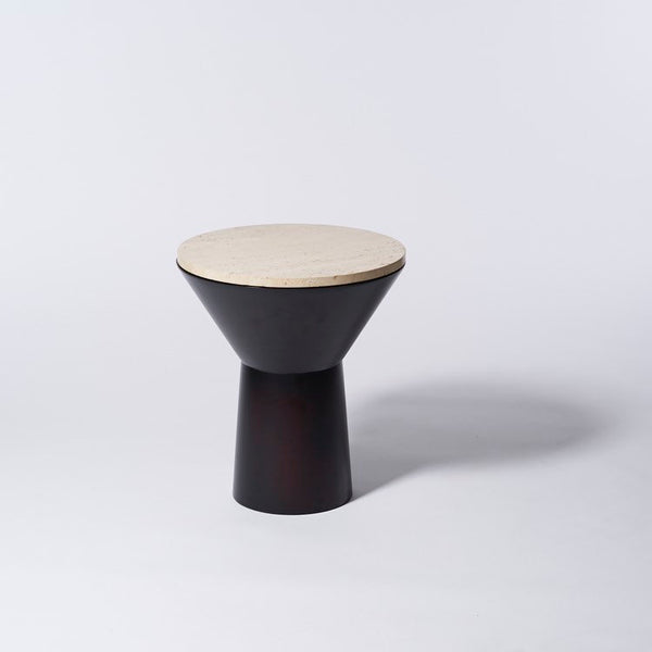 Vintage ebonized plywood table with travertine top