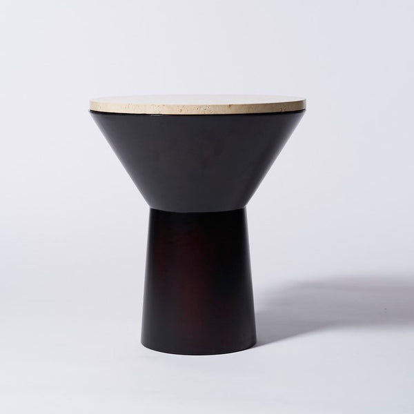 Vintage ebonized plywood table with travertine top