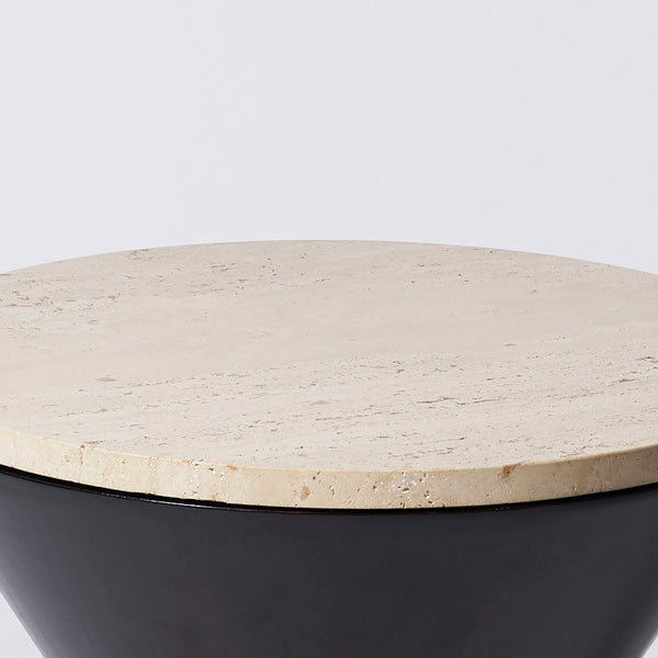 Vintage ebonized plywood table with travertine top