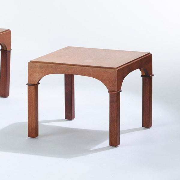Vintage walnut coliseum style side tables in the style of T.H. Robsjohn Gibbings