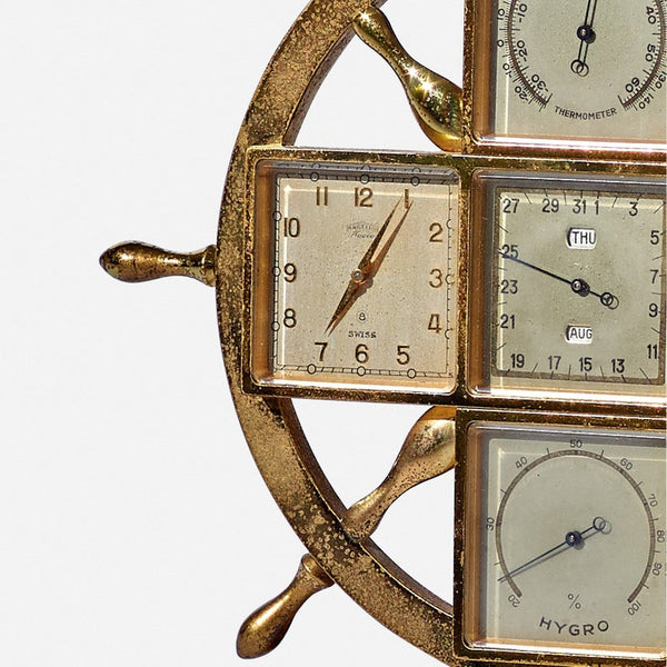 Vintage brass Naveo 8-day 5-dial clock by Angelus