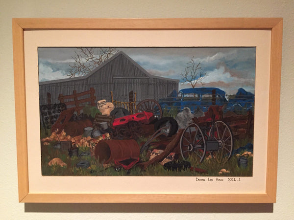 Wonderful acrylic or gouache painting on board of a farm scene