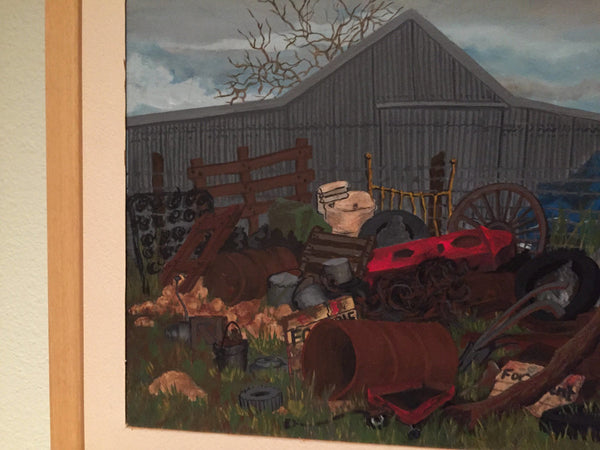 Wonderful acrylic or gouache painting on board of a farm scene