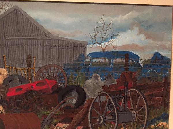 Wonderful acrylic or gouache painting on board of a farm scene