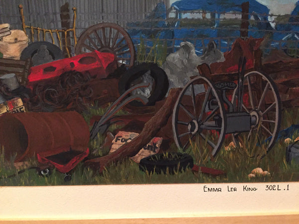 Wonderful acrylic or gouache painting on board of a farm scene