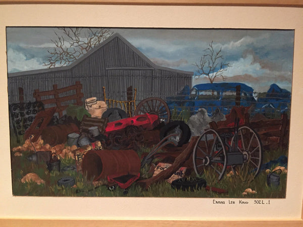 Wonderful acrylic or gouache painting on board of a farm scene