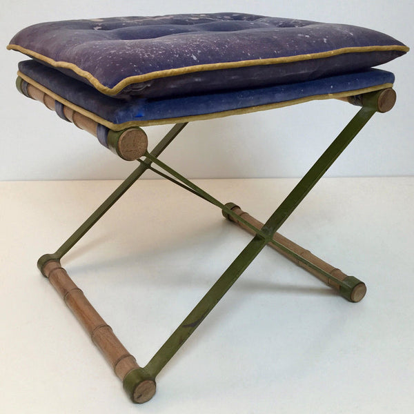 Mid century faux bamboo and steel upholstered X stool