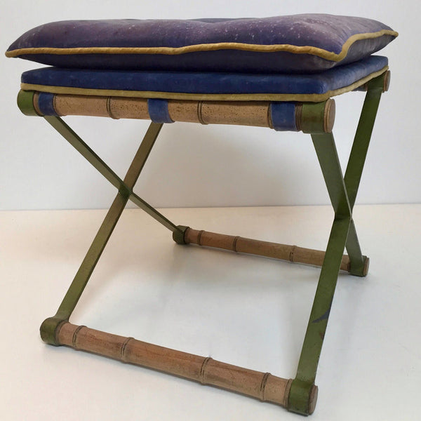 Mid century faux bamboo and steel upholstered X stool